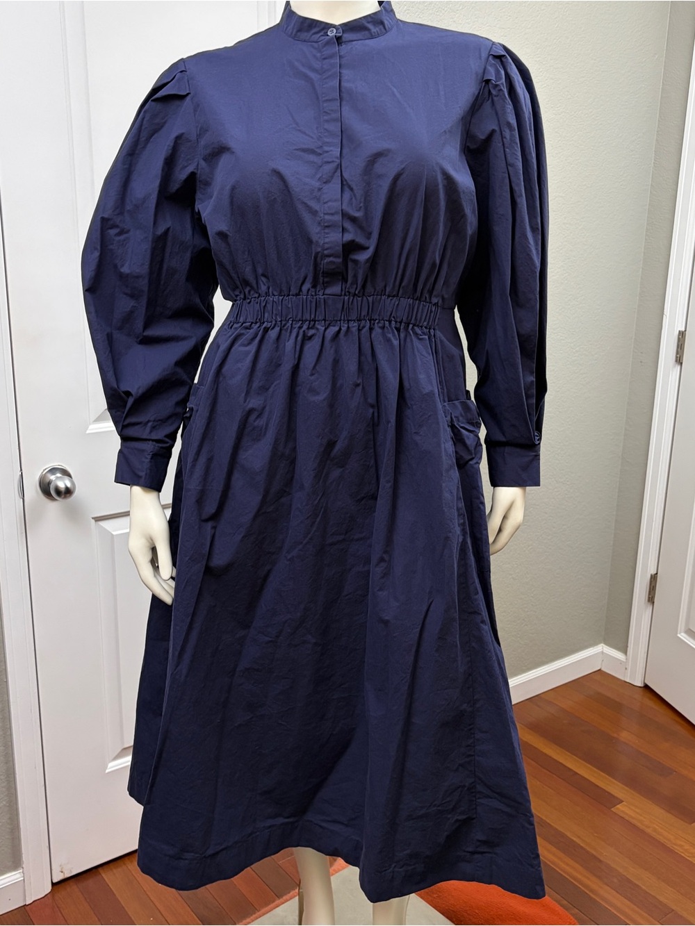 ALIGNE Esme Navy Midi Dress Puff Sleeves Hidden Placket Pockets US 14 UK 18